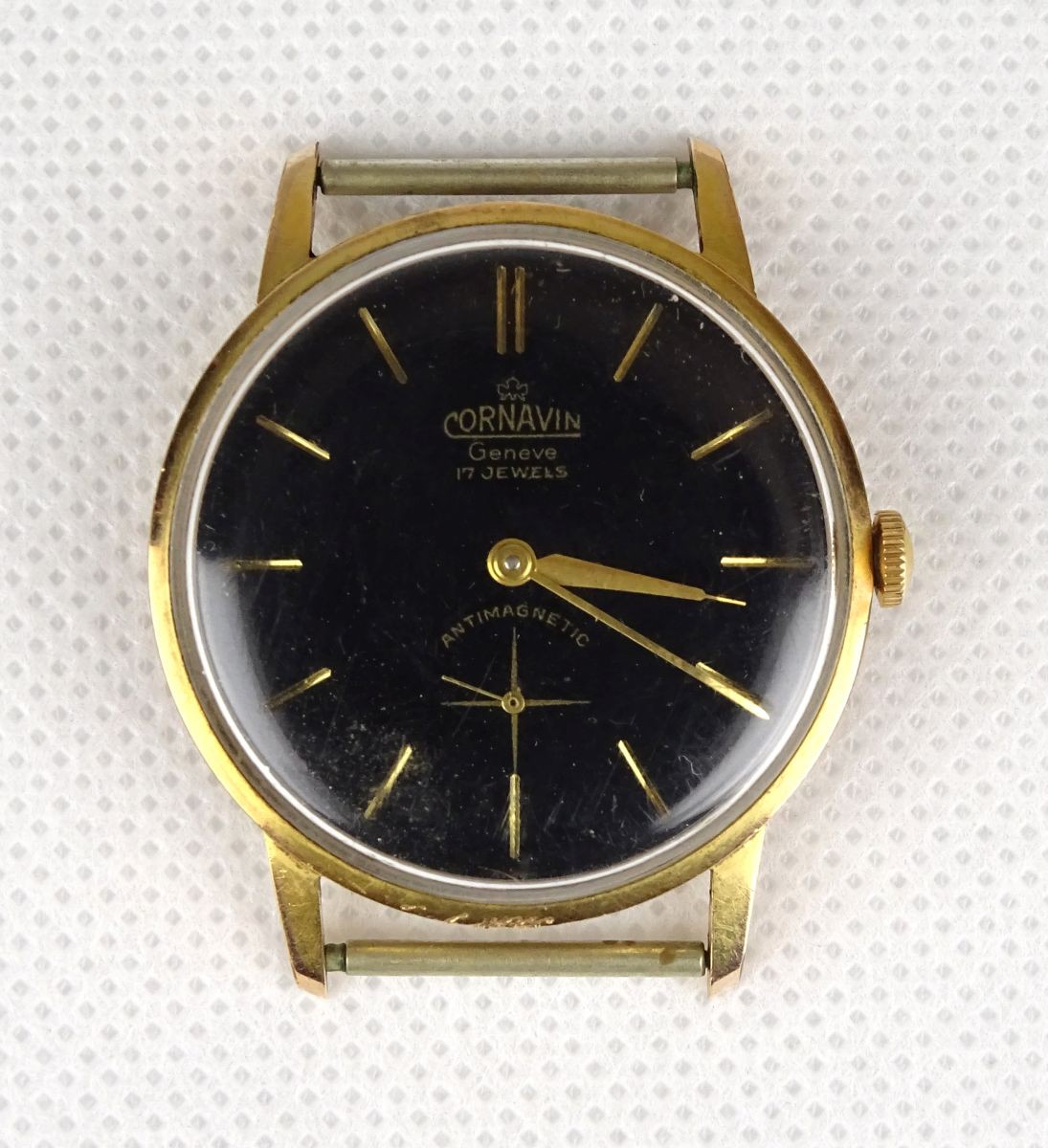 1B536 Régi fekete számlapos Cornavin 17 JEWELS Geneve antik órák márkák jele